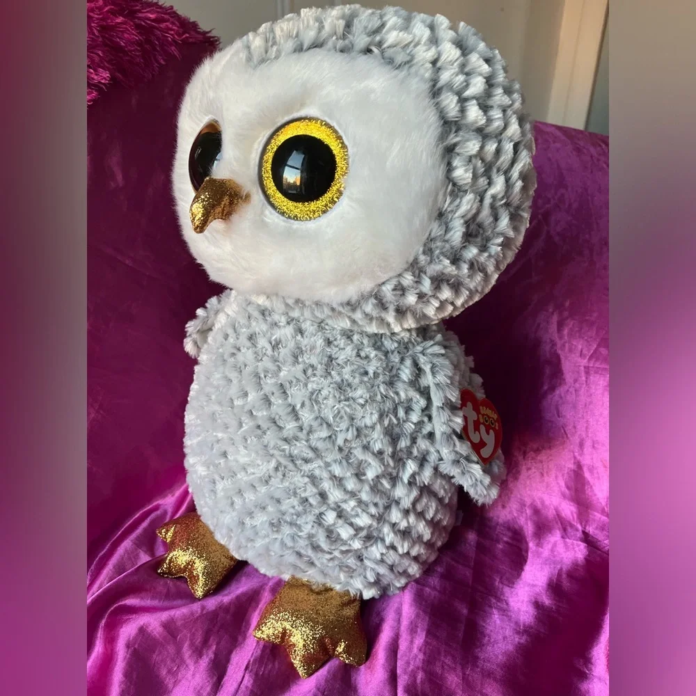 Ty Beanie Boo’s Owlette The Owl, 18” Large Plush Stuffed Animal Gray Gold NWT